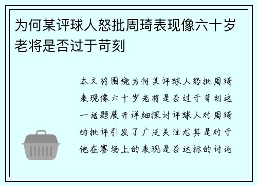 为何某评球人怒批周琦表现像六十岁老将是否过于苛刻