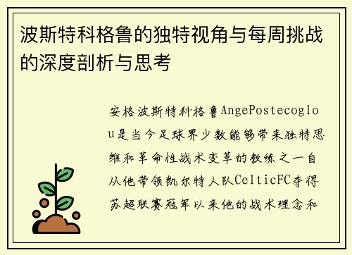 波斯特科格鲁的独特视角与每周挑战的深度剖析与思考 波斯特科格鲁的独特视角与每周挑战的深度剖析与思考